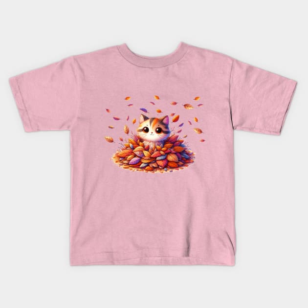 A Cute cat in a pile of leaves Kids T-Shirt by Ketsara